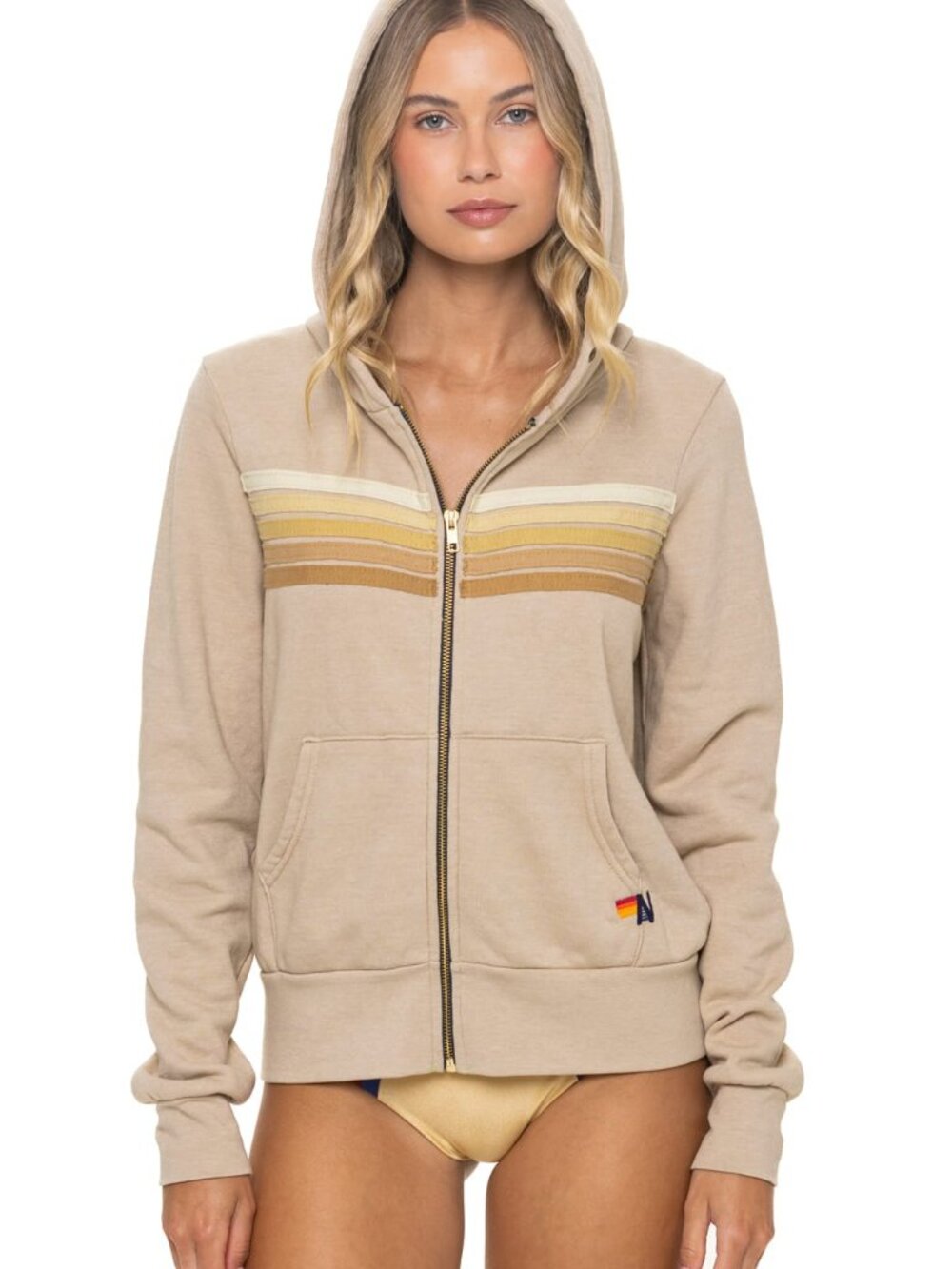 NEW Aviator Nation 5 Stripe Hoodie Medium in Sand ZIP UNISEX